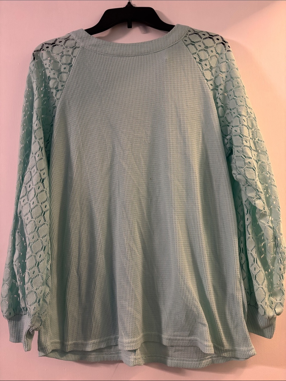 Women's Mint Crochet-Sleeve Waffle Knit Pullover